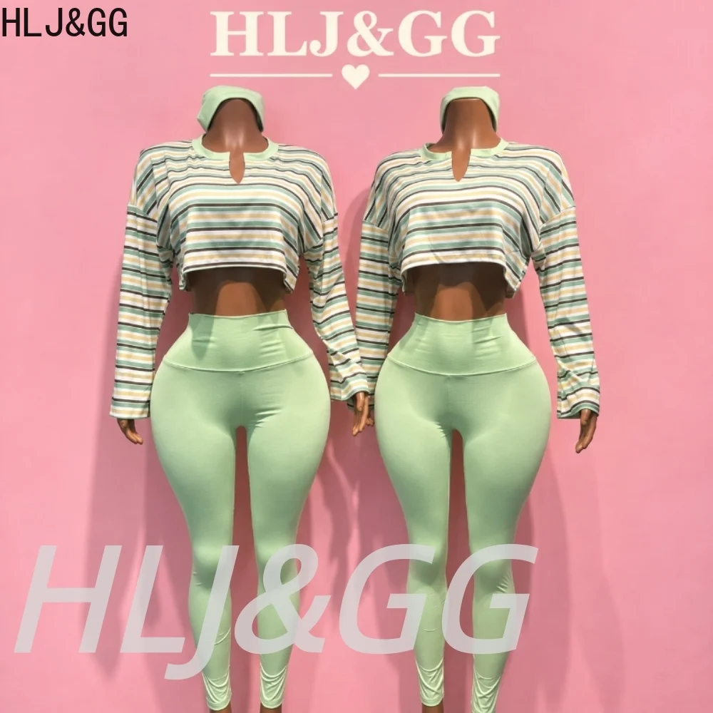HLJ&GG Fashion Striped Print Two Piece Sets Women V Neck Pullover Crop Top And Legging Pants Outfits Autumn New 2pcs Streetwear