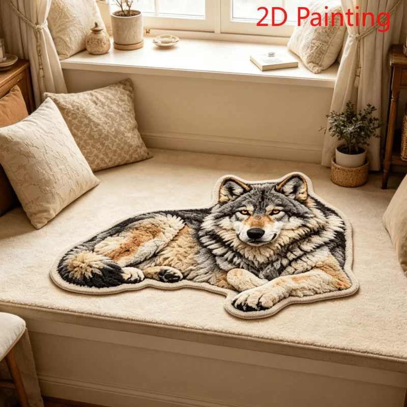 VIKAMA 3D Visual Wolf Shaped Rug Realistic Animal Print Irregular Non Slip Mat Bedroom Living Room Indoor Home Decor