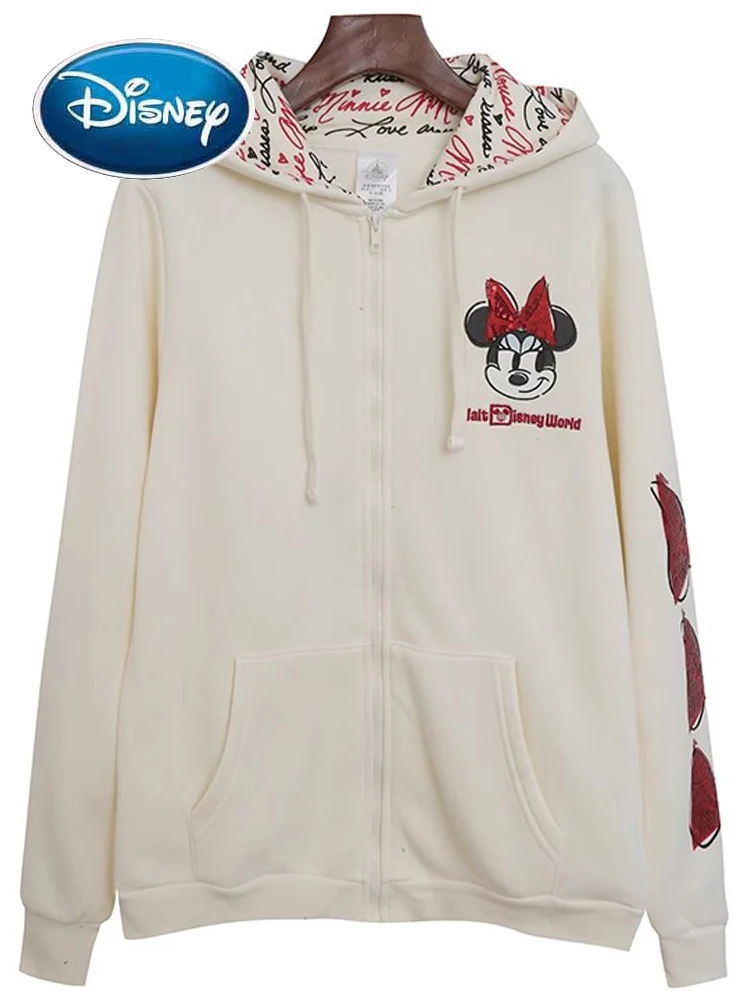 Disneyland World Sweatshirt Minnie Mouse Letter Sequined Cartoon Print Embroidery Fashion Women Zip Pocket Hooded Jumper Tops