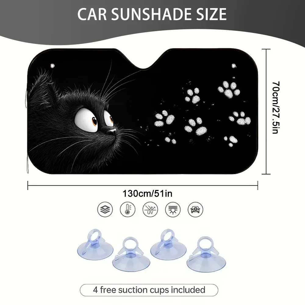 1pc Black Cat with Paw Print Car Sunshade, Suitable for Long Distance Driving And City Commuting Blocking Sunlight