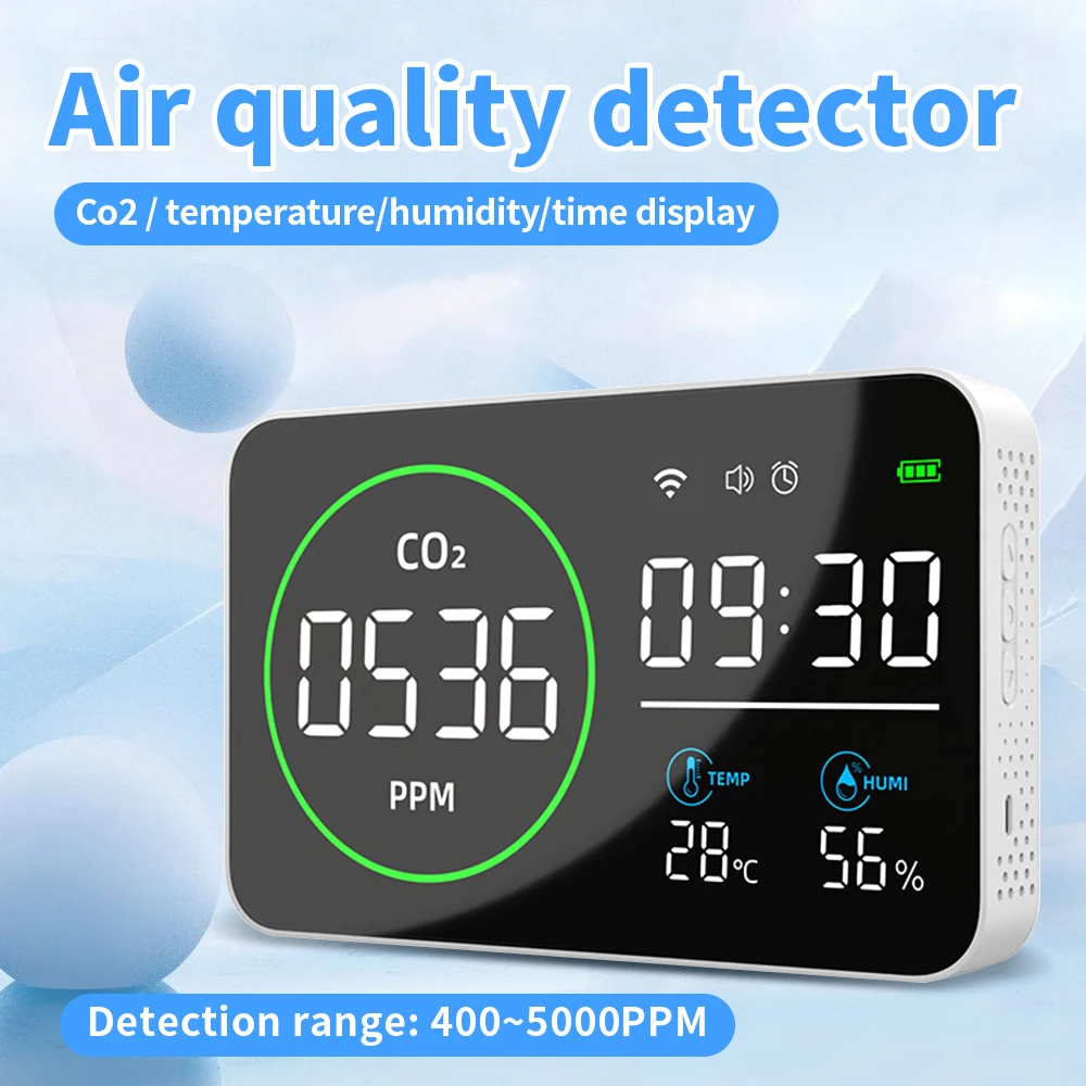 

10 Inch LED Screen Carbon Dioxide Detector CO2 Temp Humi WiFi Air Quality Monitor Time Display Alarm Clock 5000PPM Rechargeable