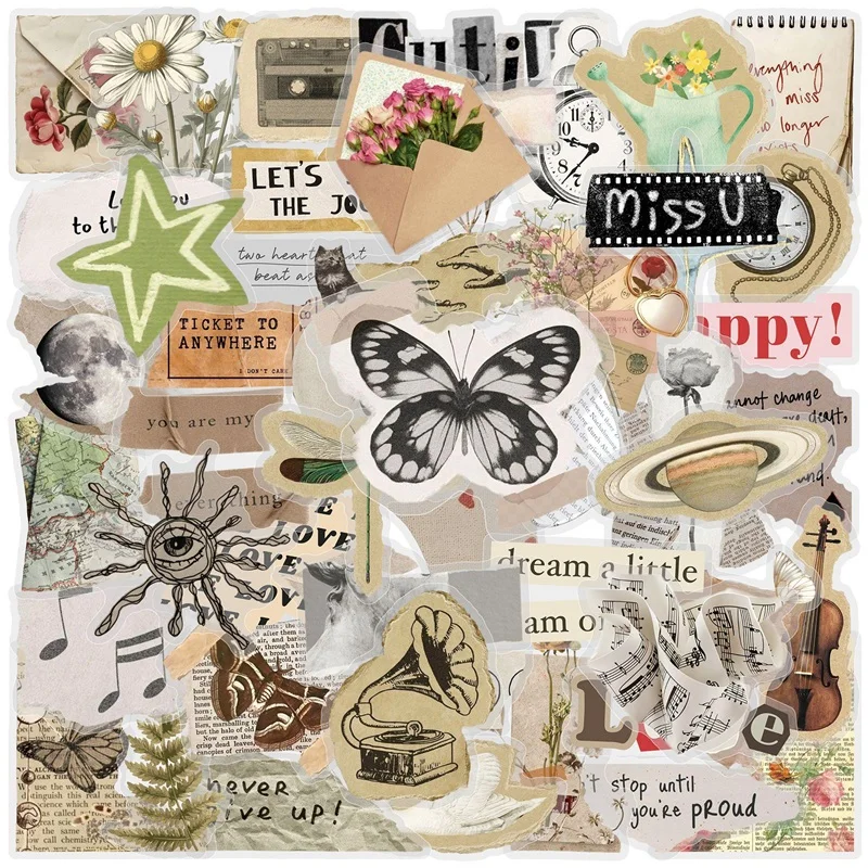 50PCS Literary Retro Style English PET Tearable Sticky Stickers DIY Phone Japanese Stationery Scrapbooking Journaling Supplies