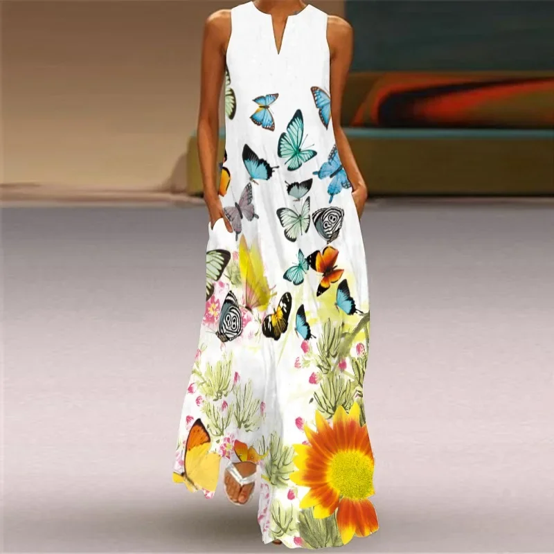 New bohemian long skirt with warm spring sun print V-neck pocket dress