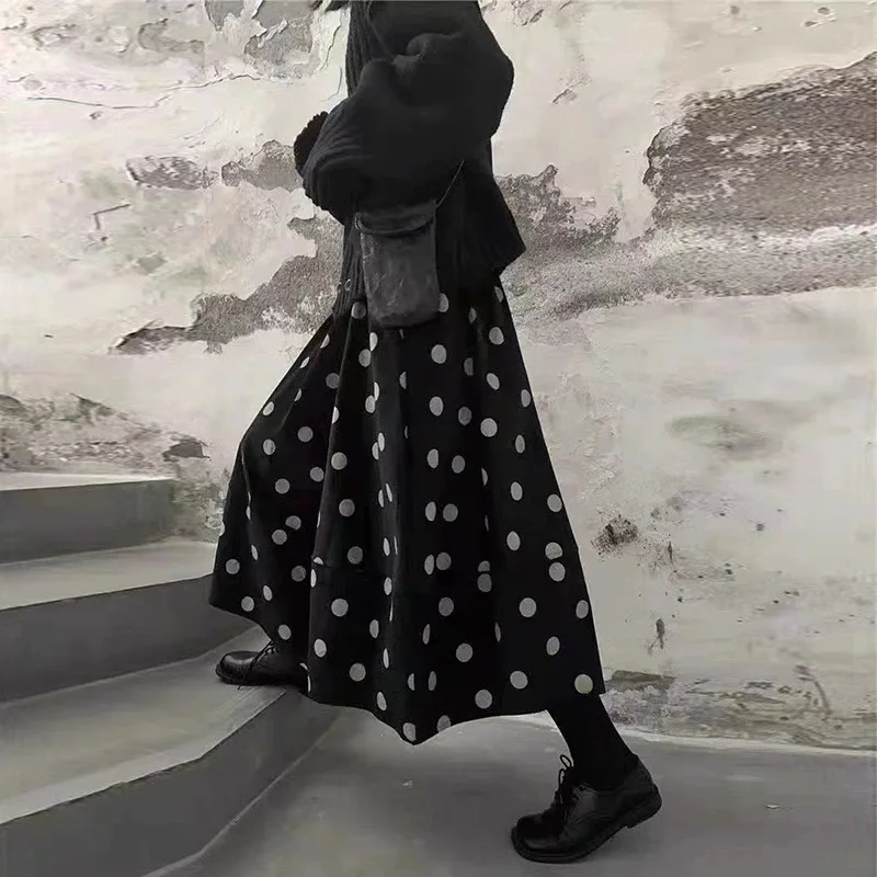 Korean Style Black Polka Dot Skirt, Women High Waist A-Line Flowy Corduroy Texture Casual Midi Skirt