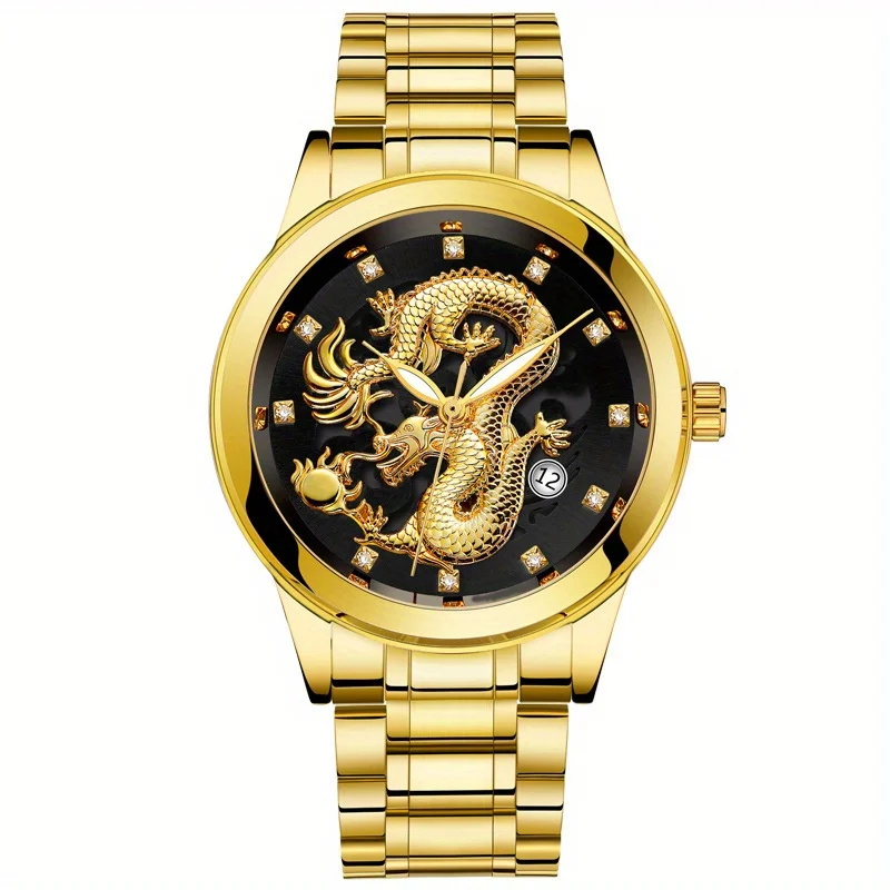 Fashion Men\'s Watch Chinese Dragon Golden Watch Stainless Steel Calendar Quartz Watch