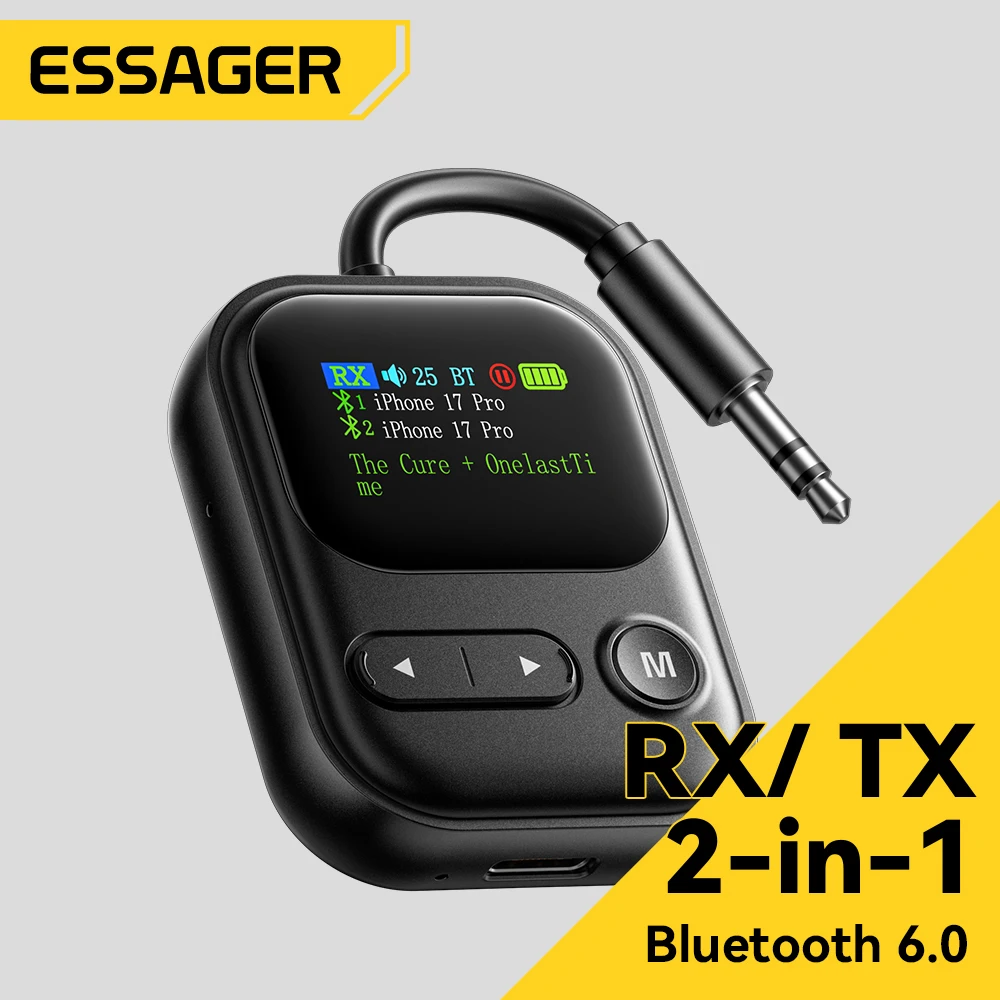 Essager Bluetooth 6.0 Sender Empfänger RT/TX 2-in-1-Adapter mit LED-Anzeige und Mikrofon für Autolautsprecher 3,5 mm AUX Bluetooth-Dongle