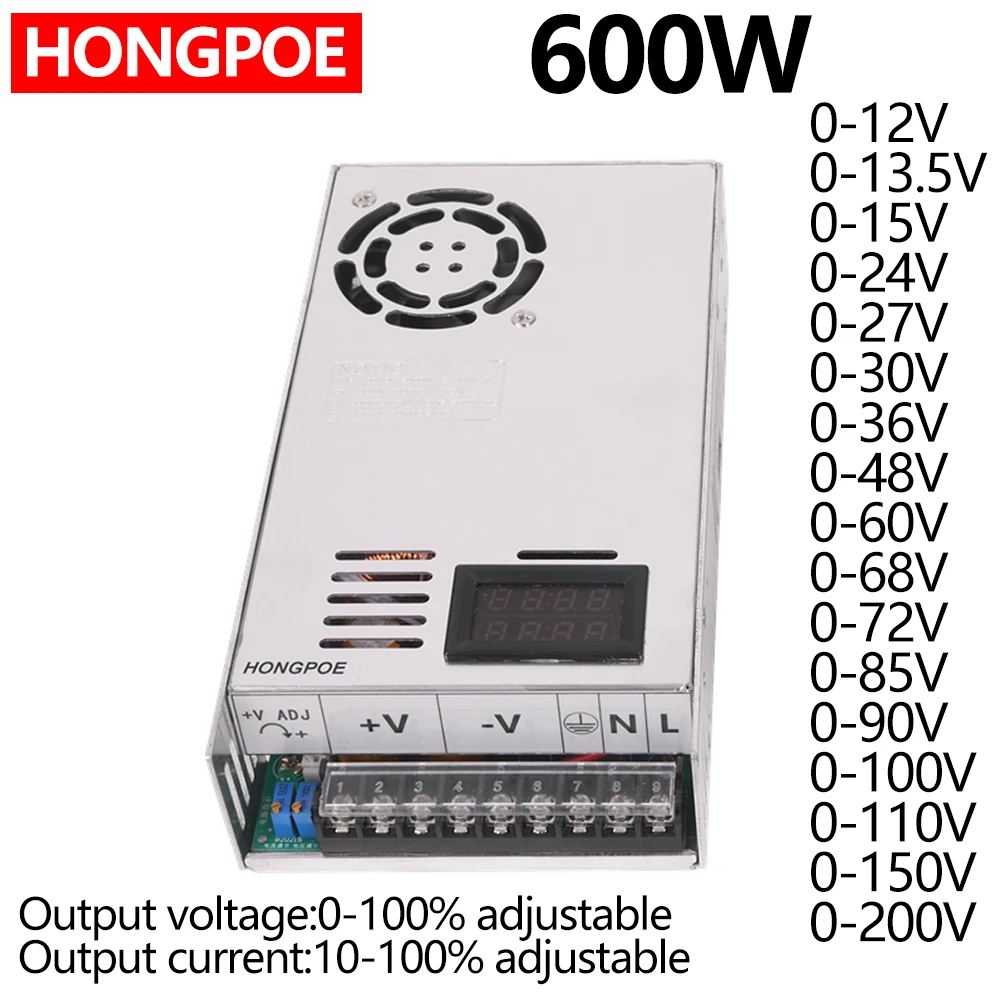 조정 가능한 디지털 디스플레이 전원 공급 장치, 500W, 600W, 1000W, 0-12V, 15V, 24V, 27V, 30V, 36V, 48V, 60V, 72V, 90V, 110V, 150V, 200V, AC to DC SMPS