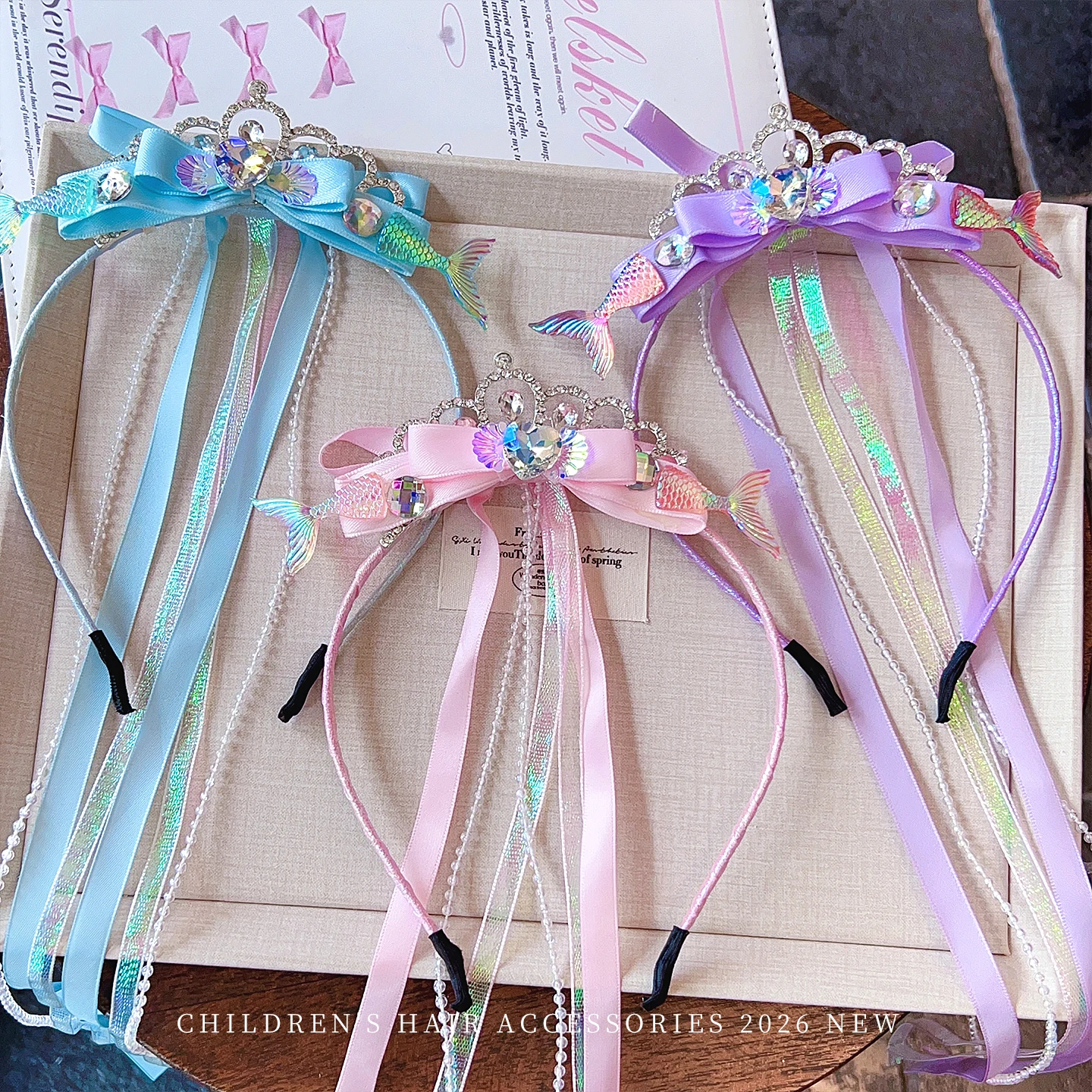 New Kids Princess Crown Headband Mermaid Tail Rhinestone Tiara Long Ribbon Streamer Tulle Veil No Hurt Hair Hoop for Toddler view 4