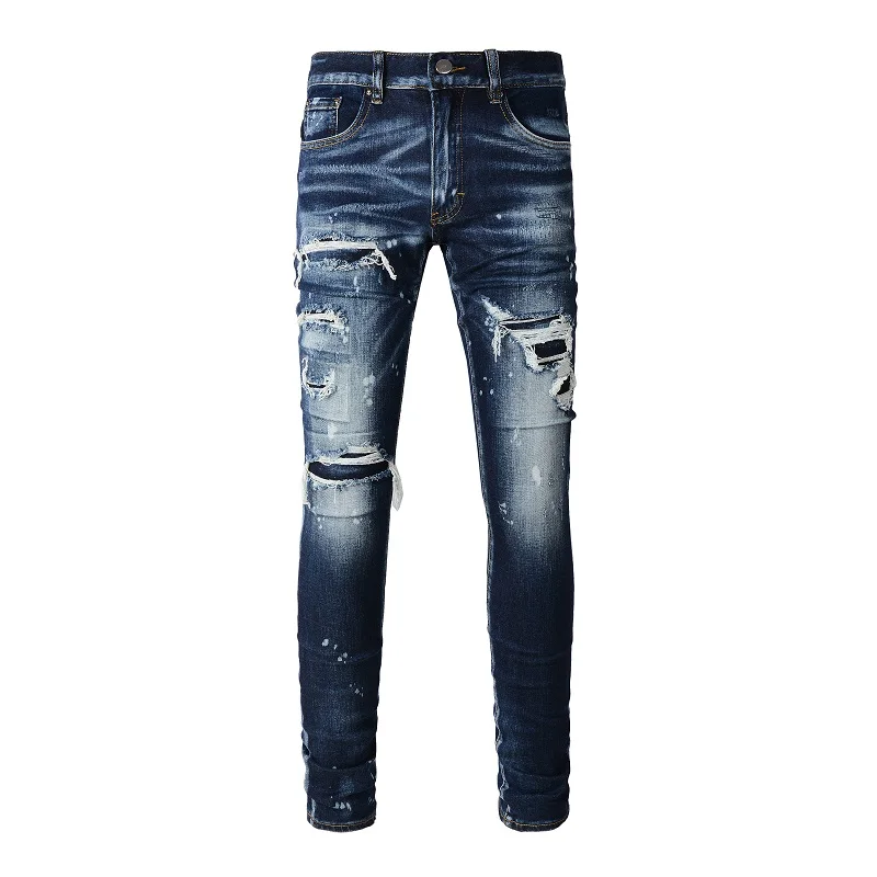 

Best Seller EU & US Drip Distressed Jeans High Street Non-Stretch Damaged Holes Graffiti Slim Fit Ripped Jeans