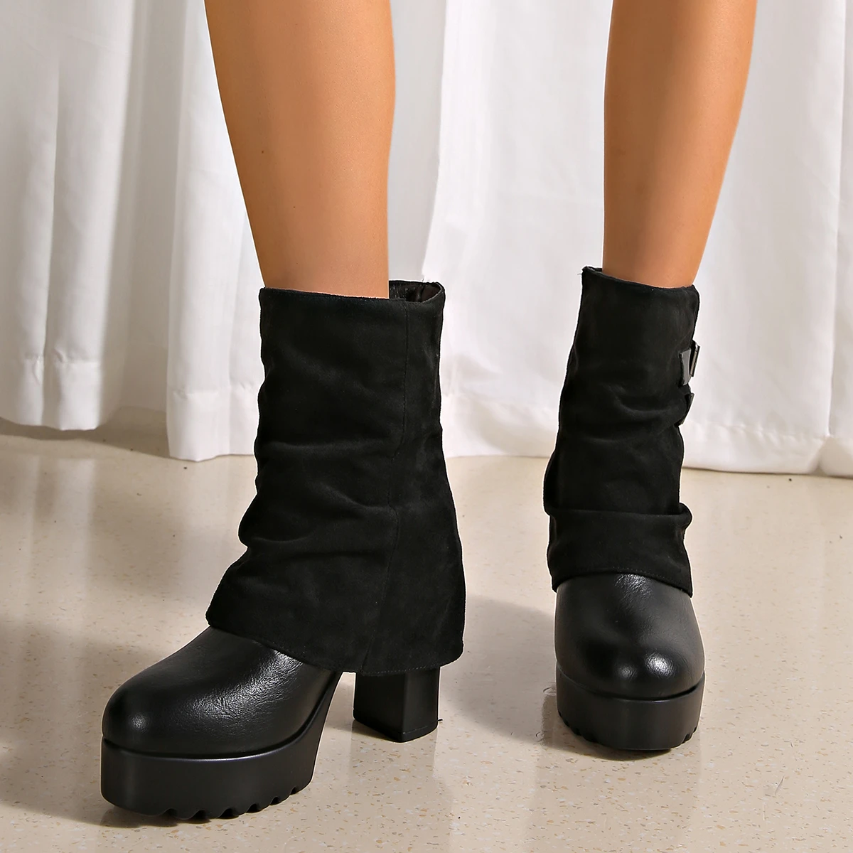 Chunky Heel Retro Women's 2026 Fall New High-Top Stacked Short Boots Pants-Cuff Riding Boots