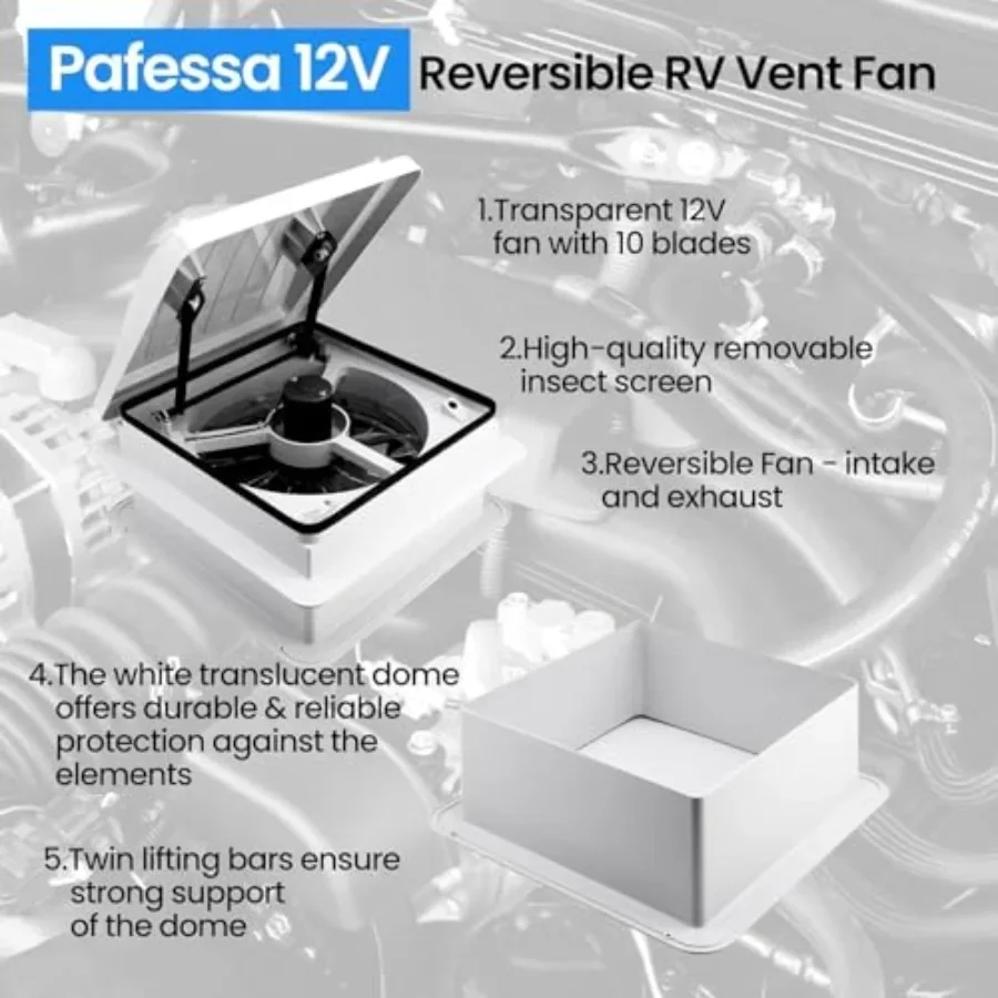 RV roof vent fan for USA use, ABS plastic, white, 12-volt reversible 4-speed with touch controls and manual operation view 3