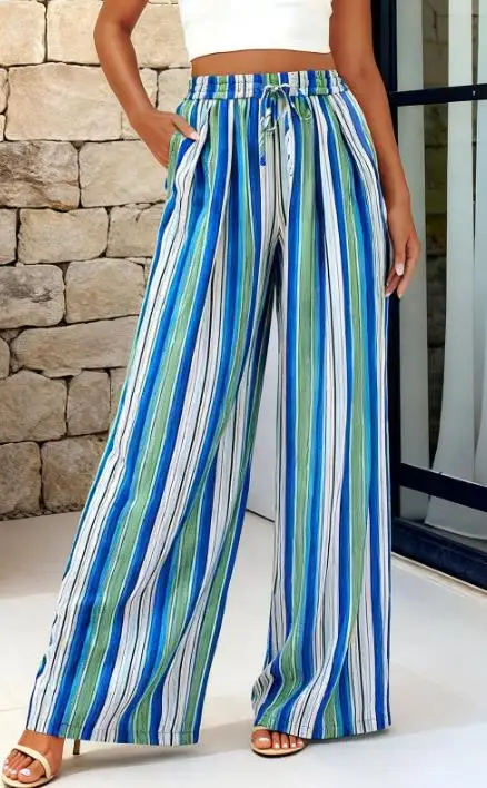 

Summer Classic Fashionable Casual Simple Color Blocked Striped Print High Waisted Lace Up Versatile Loose Wide Leg Pants