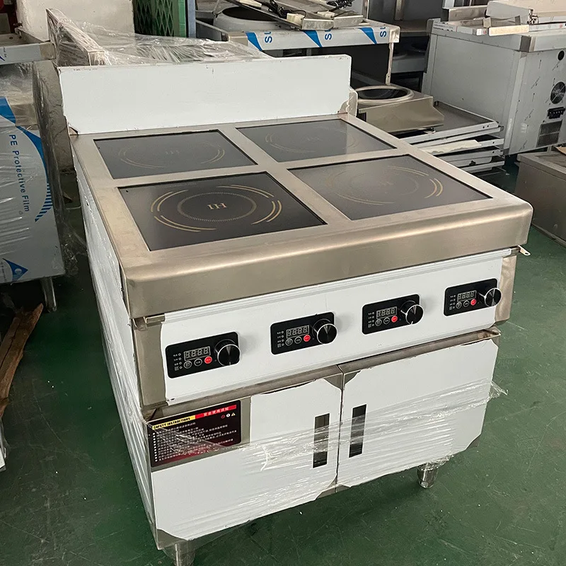Commercial cabinet-style round four-head electric ceramic claypot cooker with scheduled timer and high power