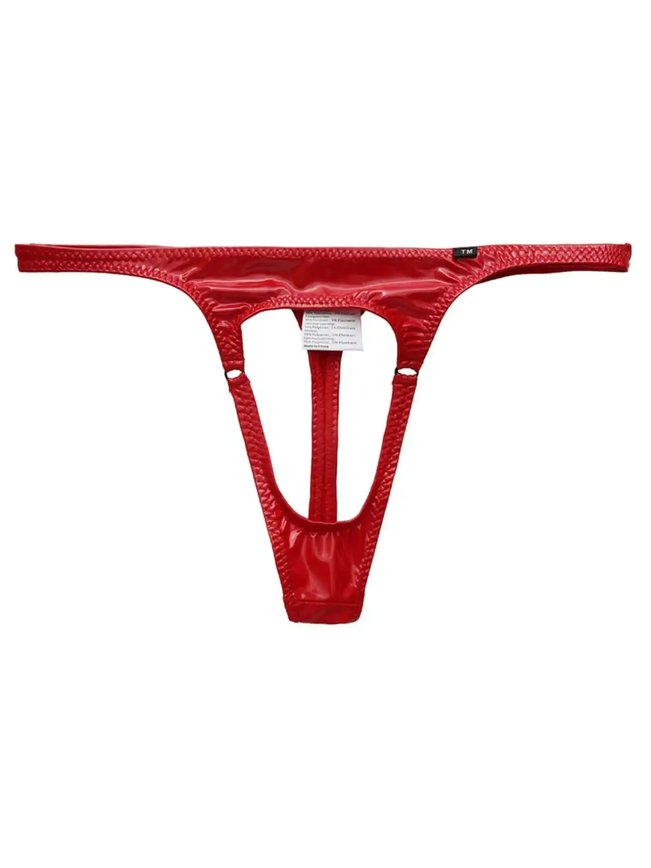 Shiny Faux Leather T Panties for men Hollow Front Design, Black Metal Ring Low Waist Sexy Thong Underwear