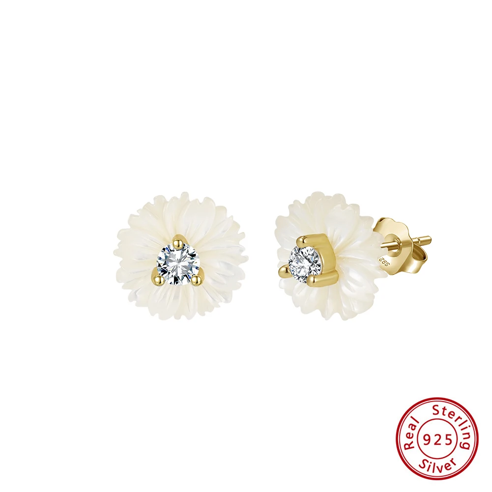 

Kiss Mandy Elegant White Shell Flower Stud Earrings 925 Sterling Silver Retro Exquisite Zirconia Flower Earrings Jewelry PSE10