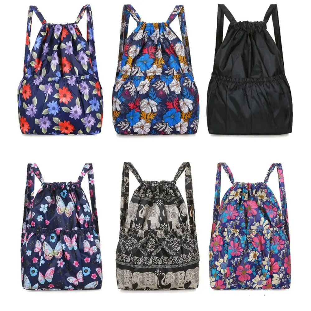 Large Capacity Flower Printing Backpack Shoulder Bag Elephant Drawstring Bag Solid Color Beach Bag Ethnic Style Handbag