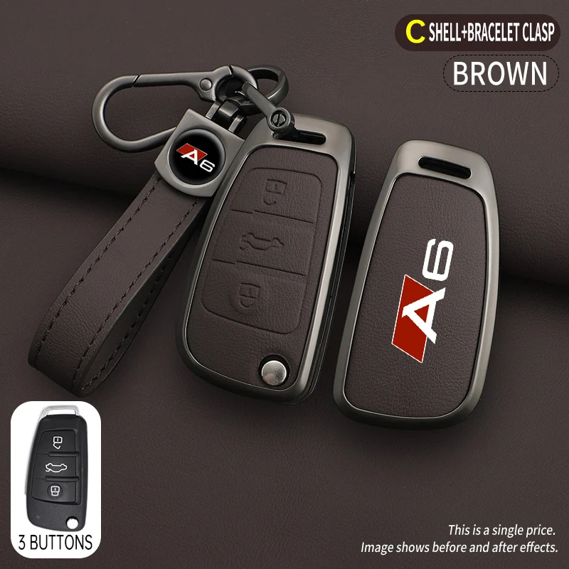 For AUDI A6 S6 RS6 C5 C6 C7 4F S line Zinc Alloy Leather Car Key Case Cover Shell Holder Protection Keychain Bag Car Accessories