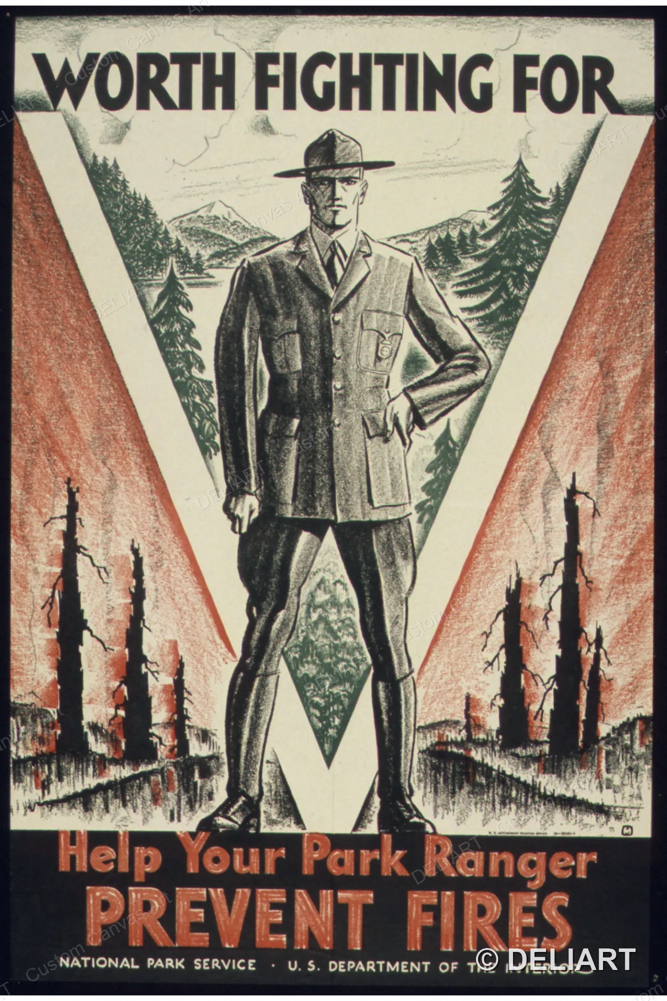 WORTH FIGHTING FOR, HELP YOUR PARK RANGER PREVENT FIRES Vintage WWII Propaganda Canvas Wall Art Poster Print Home Decor Unframed