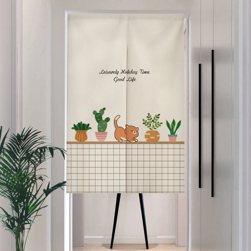 VIKAMA Cactus Cat Potted Plant Door Curtain Short Curtain Room Divider for Balcony Doorway Entryway Hanging Home Decor
