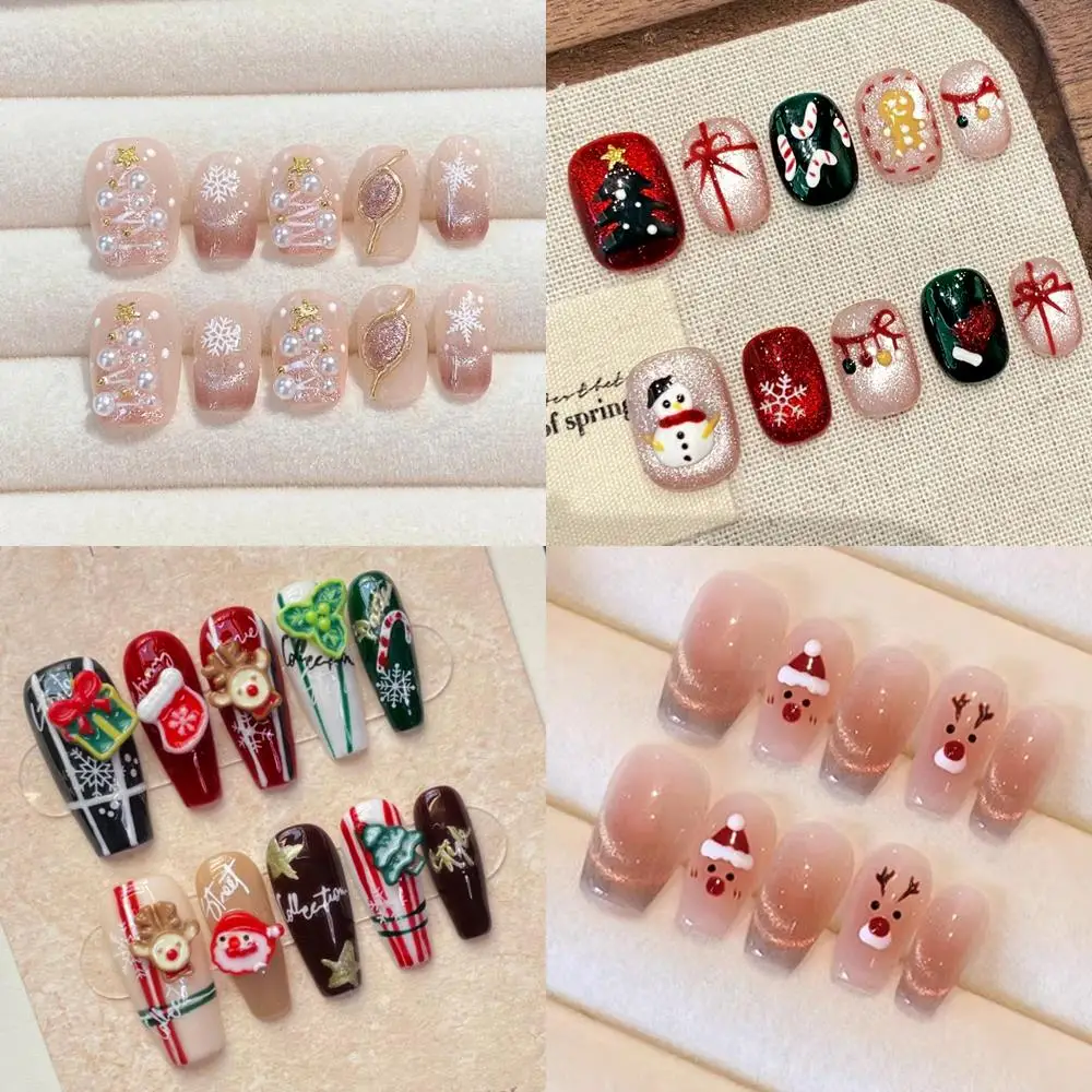 10Pcs Christmas Atmosphere Press on Nails Handmade Pearl Chain Snowflake Deer Gingerbread Decor Winter False Nails For Party﻿﻿﻿﻿