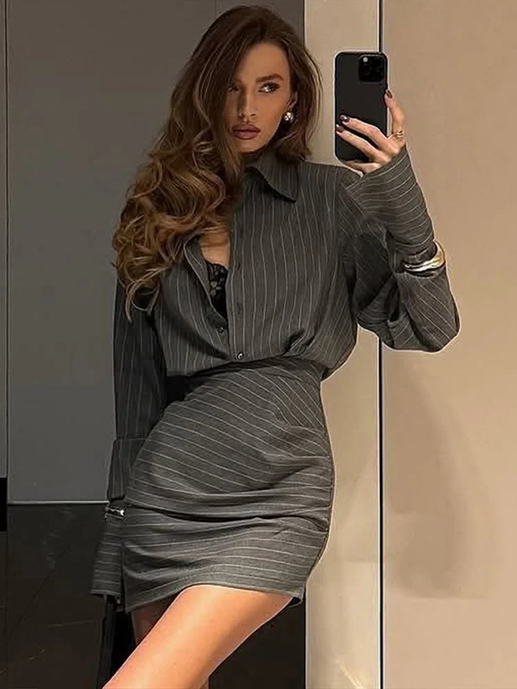 Striped Shirt Skirt Suit Women Single Breasted Full Sleeve Blouse Ruched Hip Package Mini Skirts 2026 Spring Two Piece Lady Sets