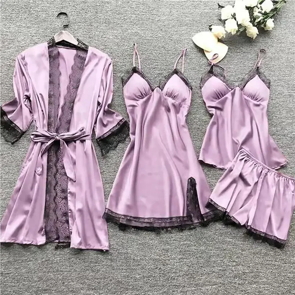 Lace Design Sleepwear Silky Lace Pajamas Set with Spaghetti Strap Top Pleated Cardigan Coat 4 Piece Homewear Set for Women Lace