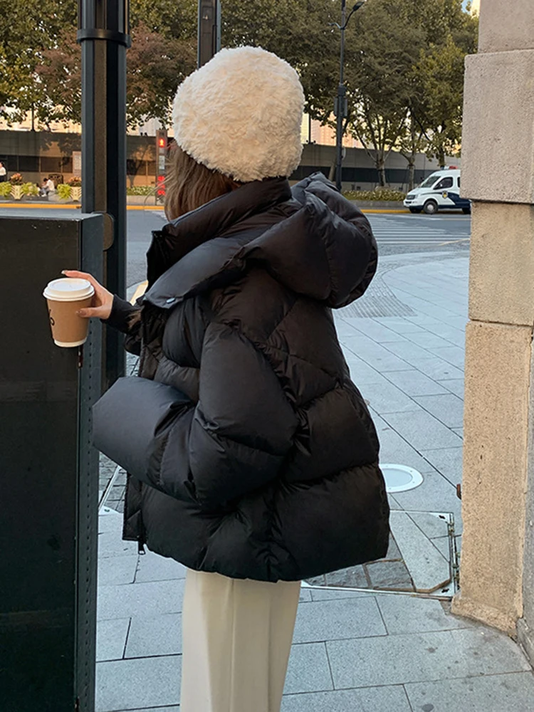 New Winter Women White Duck Down Down Jacket Women Fashion Hooded Casual Solid Long Sleeve Thickened Puff Feel Bread Jacket Coat