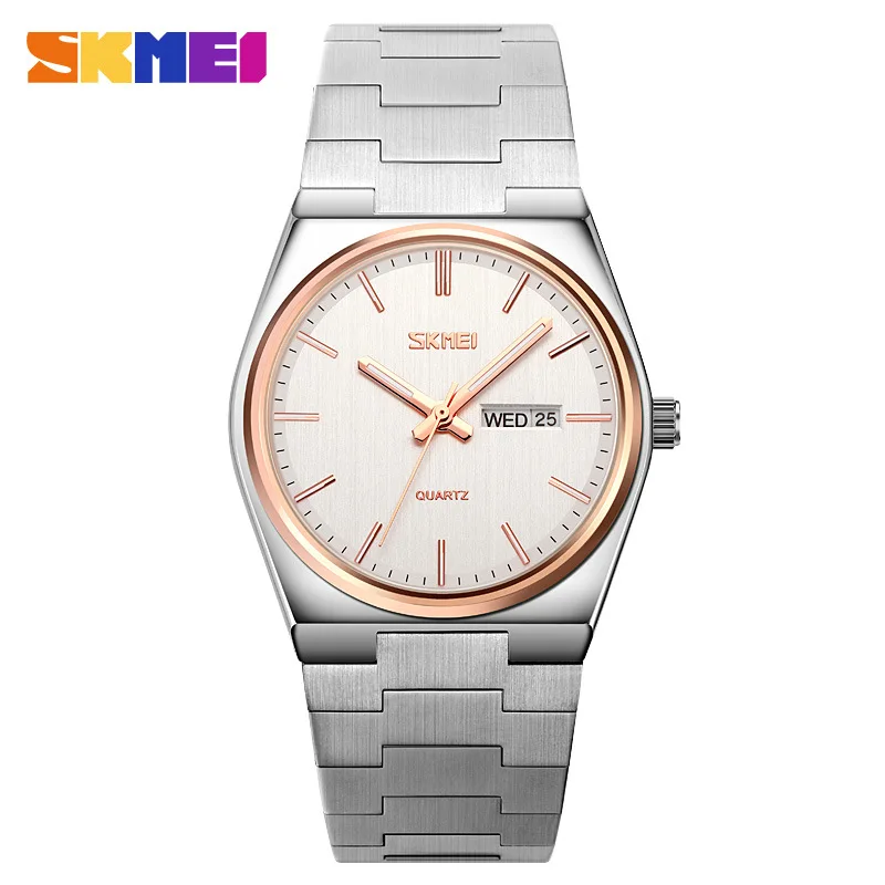 Skmei Skmei-Montre à Quartz en Acier Inoxydable pour Homme, Fine, Double Calendrier, Monochromatique, Business, Mode Décontractée