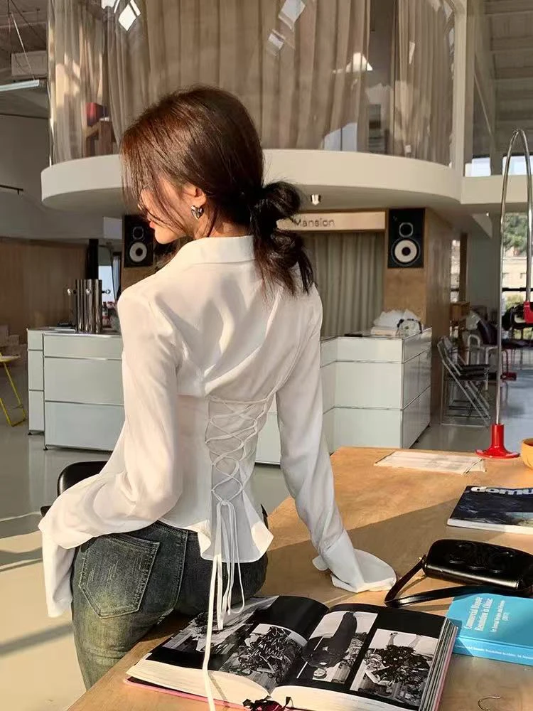 

Lace Up Women Shirts Fashion Streetwear Flare Sleeve Solid Blouse Y2K Fashion Bandage Casual Female Simple Slim All-Match Tops