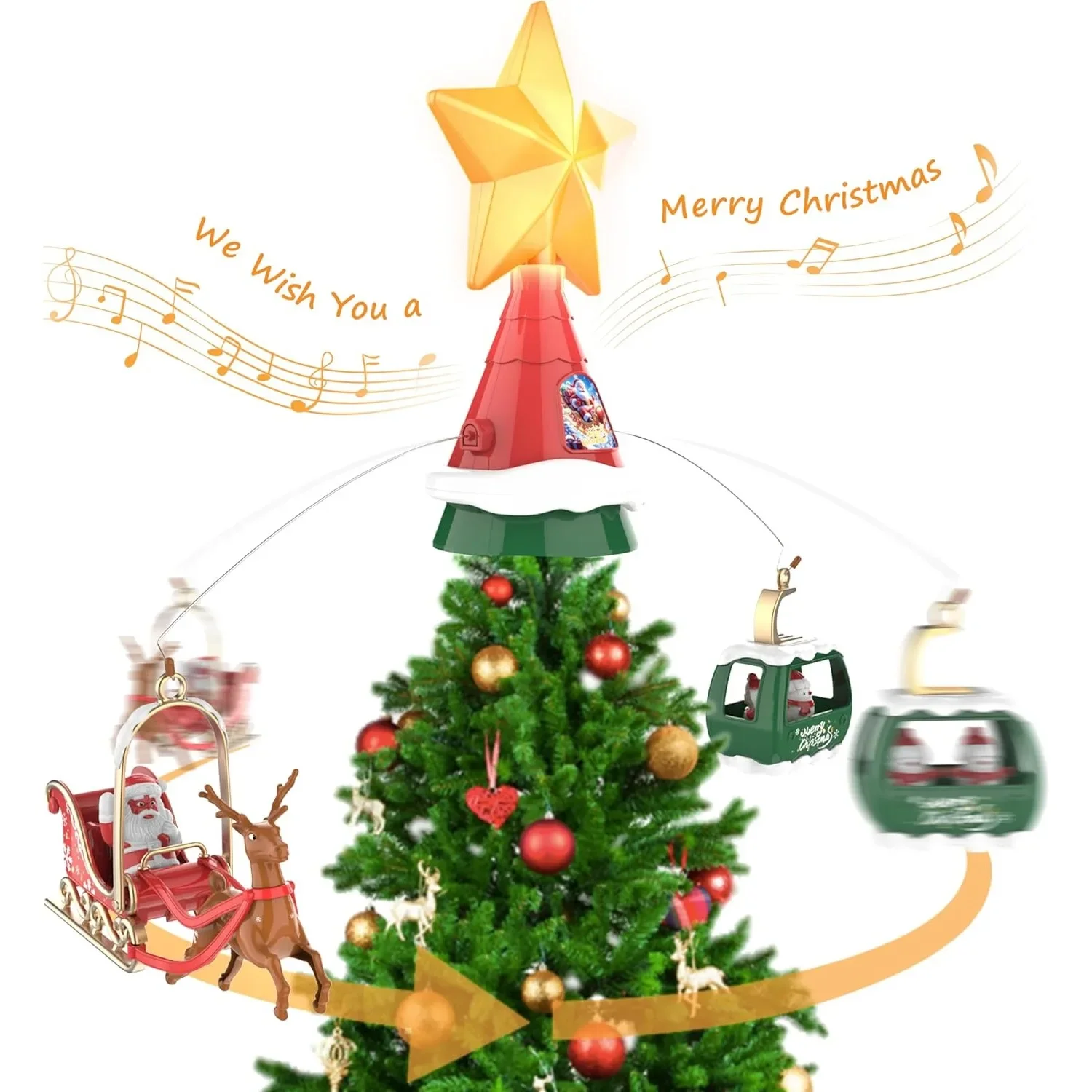 

Топпер для рождественской елки, светодиодная звезда, вращающиеся сани Санта-оленя, снеговики в зеленом тросе, автомобиль, Рождественская вечеринка