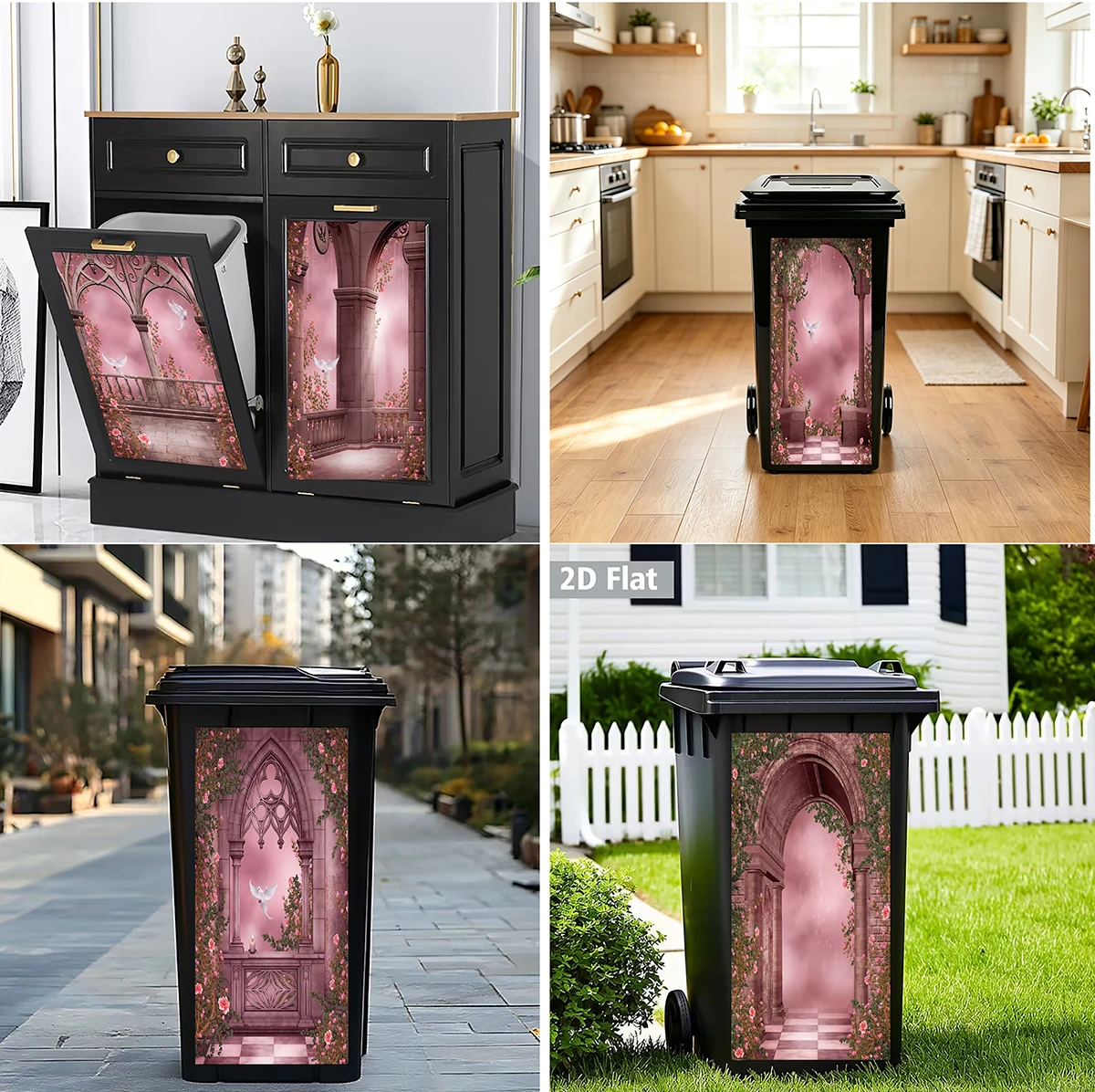 Romantic Gothic Rose Arch Dove Wheelie Bin Stickers Waterproof Self Adhesive Dustbin Wrap Outdoor Cabinet Door Decor Decals