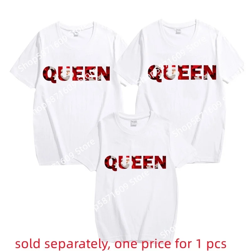 

QUEEN OF KINGS Christmas themed family T-shirt, casual and cute holiday short sleeved top for children and adults