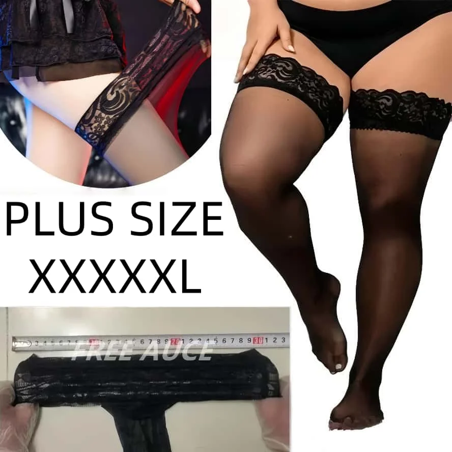 NEWJOINFUN Plus large Size Lace Anti-slip Stockings Women Sexy Thigh High Knee Ultra-thin Fishnet Long Socks Black Stocking XXXL