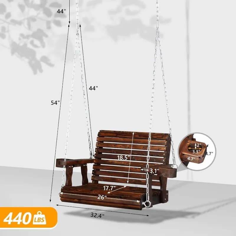 Heavy Duty 440 LBS 1-Person Wooden Patio Porch Swing with Extra Cup Holder for Adults & Kids, Outdoor Single Porch Swing