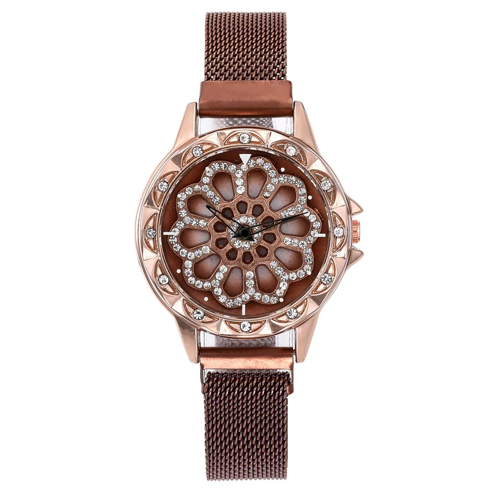 Women Watch Mesh Magnet 360 Degree Rotating Dial Ladies Watch Luxury Fashion Diamond Quartz Watch for Women Clock Relogio Femino