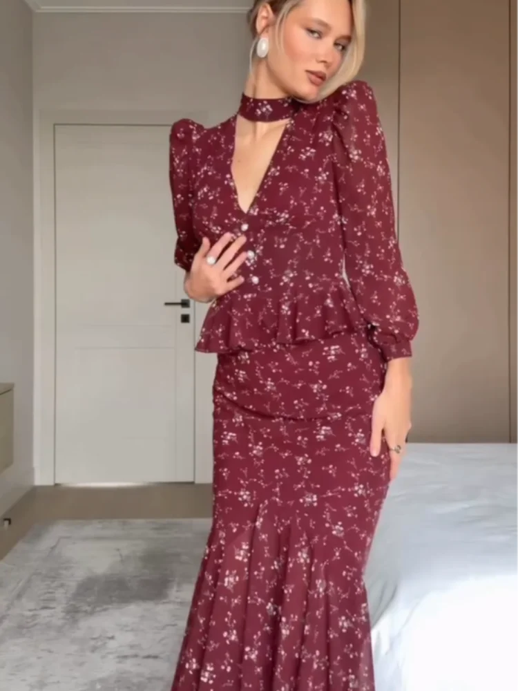 

Винно-красное платье макси с цветочным принтом, женское, с воротником-чокер, V-образным вырезом, длинными рукавами, оборками на талии, подолом «рыбий хвост», элегантное, для вечеринок и торжественных мероприятий