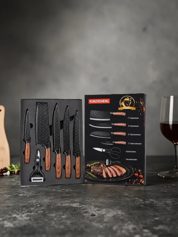6-teiliges Kochmesserset mit Schaftklinge, langlebig, mit ergonomischen Griffen, inklusive Schere und Spieß, rostbeständig und leicht zu reinigen, attraktiv verpackt, ideal als Geschenk.
