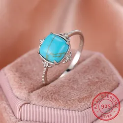 Fashion Blue Truquoise Big Square Stone Ring Real 925 Sterling Silver Engagement Rings For Women Wedding Band Jewelry