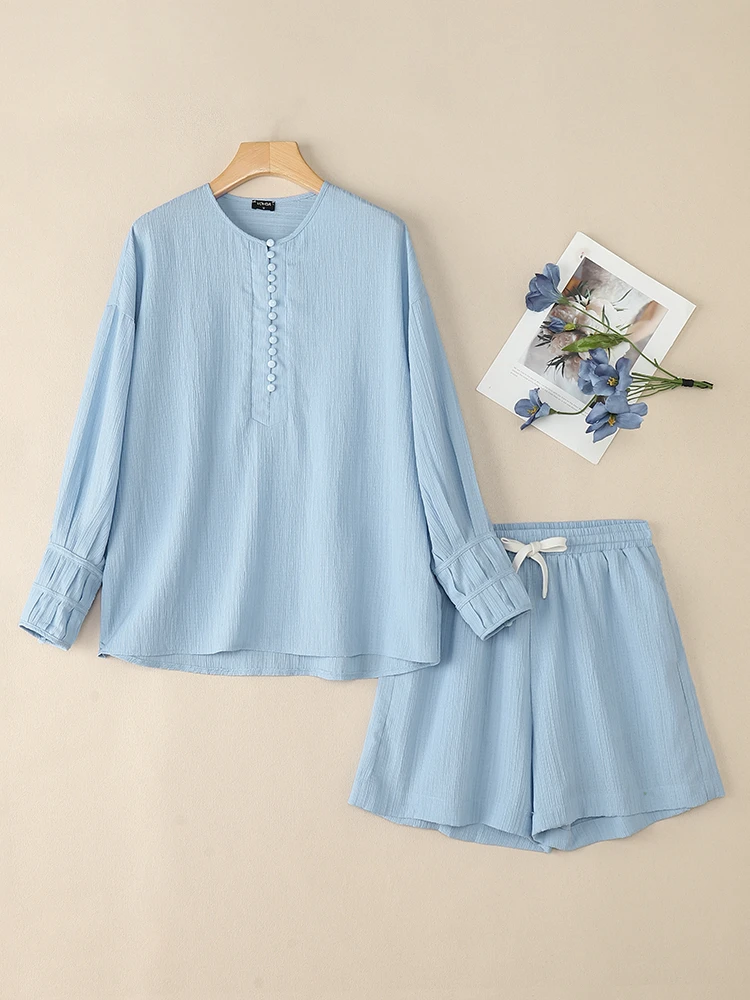 Set corti da donna moda VONDA 2025 Autunno Completi a due pezzi Camicie a maniche lunghe e pantaloncini in vita elastica Set coordinati solidi