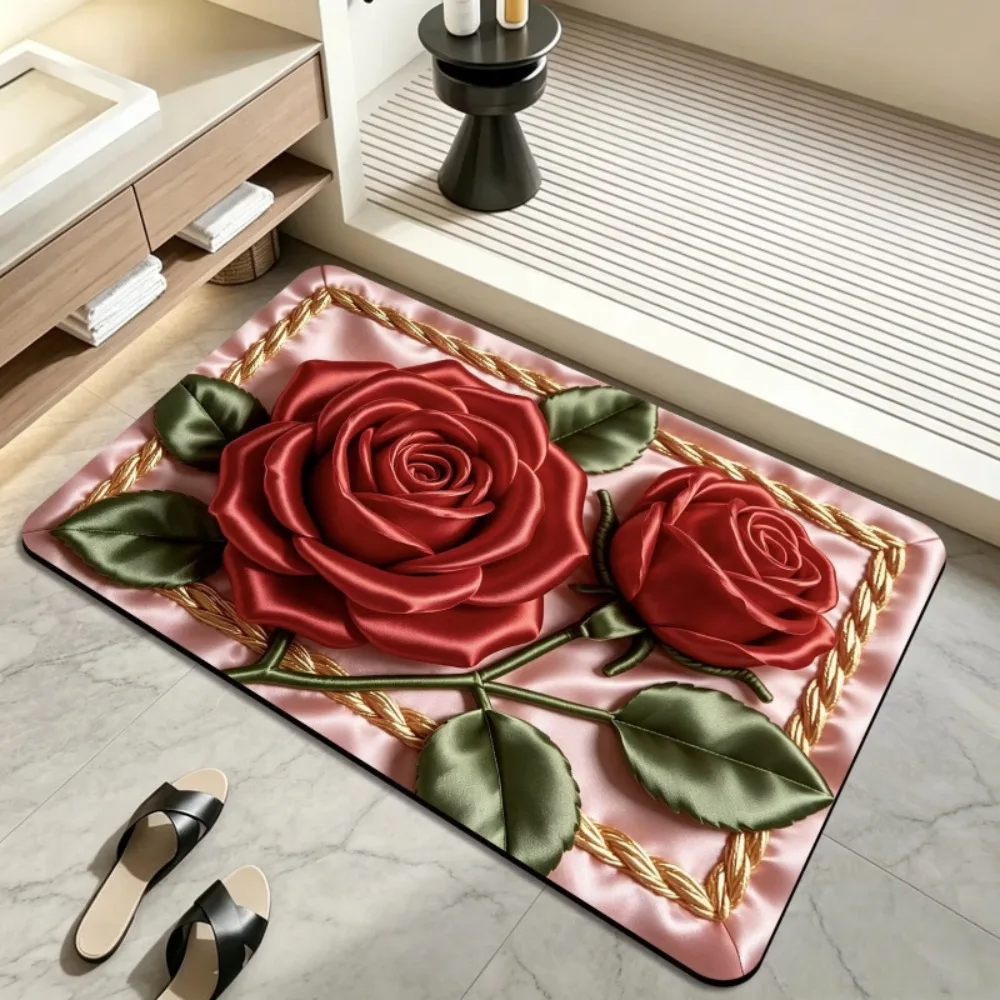 New Quick Dry Floral Pattern Rug Non Slip Lifelike Visuals Bath DoorMat 40×60CM Diatom Mud Bedroom Floor Mat Home Decor