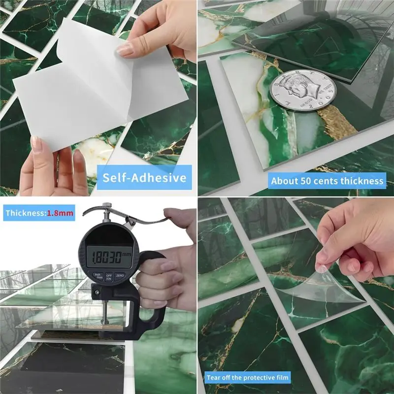 LLCS-32Pcs Thick PET Glossy Subway Tile Sticker Subway Tile ,Golden Veined Emerald Marble