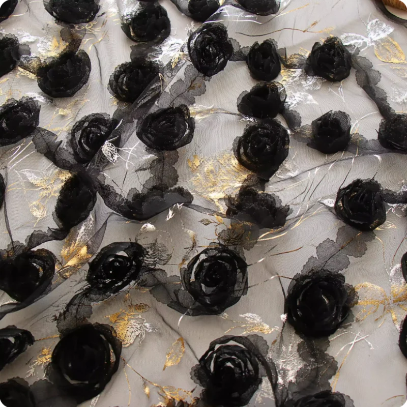 

Black rose lace dress with gilded mesh fabric, custom-made halter dress polyester fabric