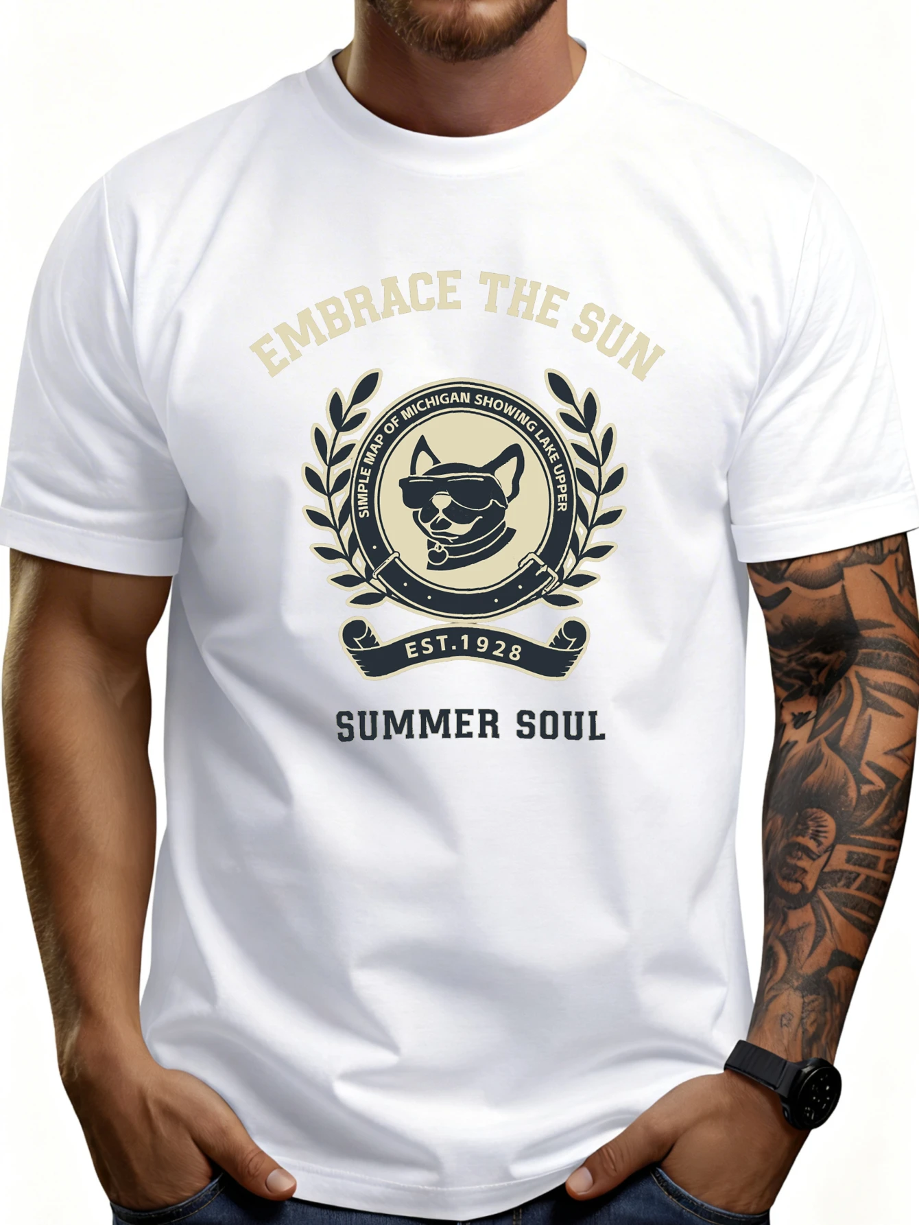 Casual Style Men's T-Shirt, Summer Design Featuring a Dog Wearing Sunglasses and a Wreath, Perfect for Warm Weather Outfits, a Perfect Gift for Dog Lovers and Summer Enthusiasts.