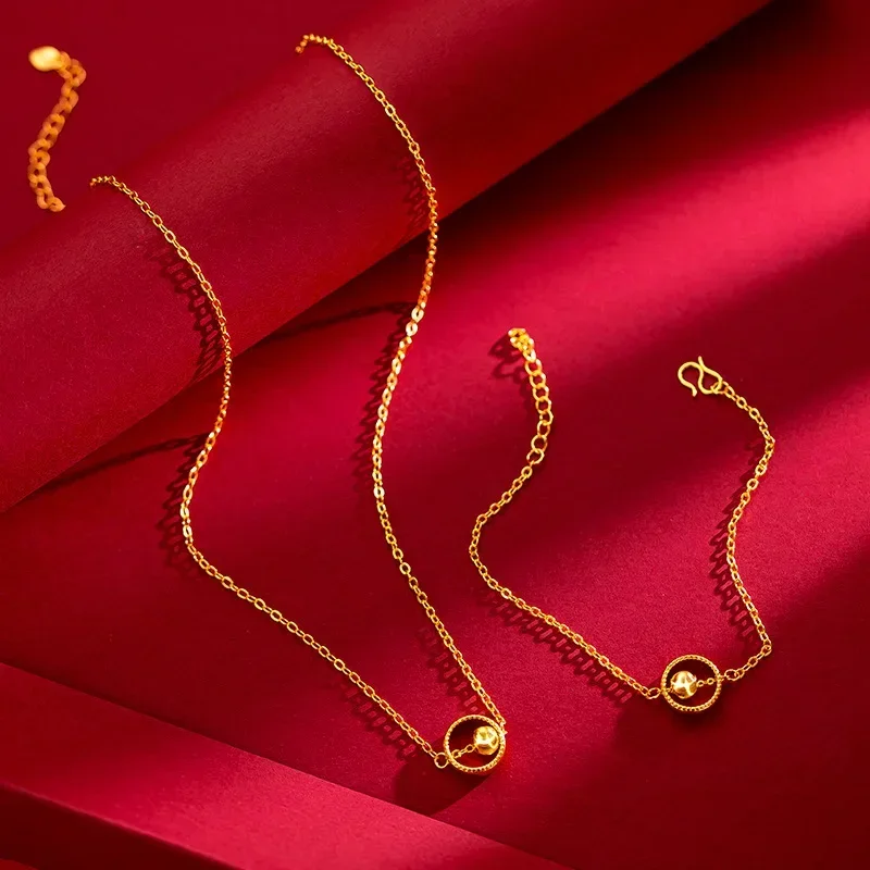 

9999 Real Gold 24K Temperament Cat's Eye Gold Bead Clavicle Chain Flower Rotating Bead Bracelet Necklace Two-piece Set Female