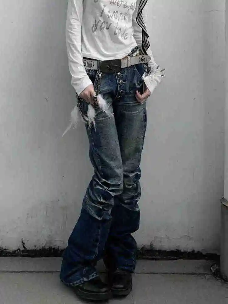 여성 그런지 사이버펑크 빈티지 맘진 Y2K 일본 하라주쿠 로우라이즈 데님 플레어 팬츠 2000년대 케이팝 벨보텀 롱 트라우저