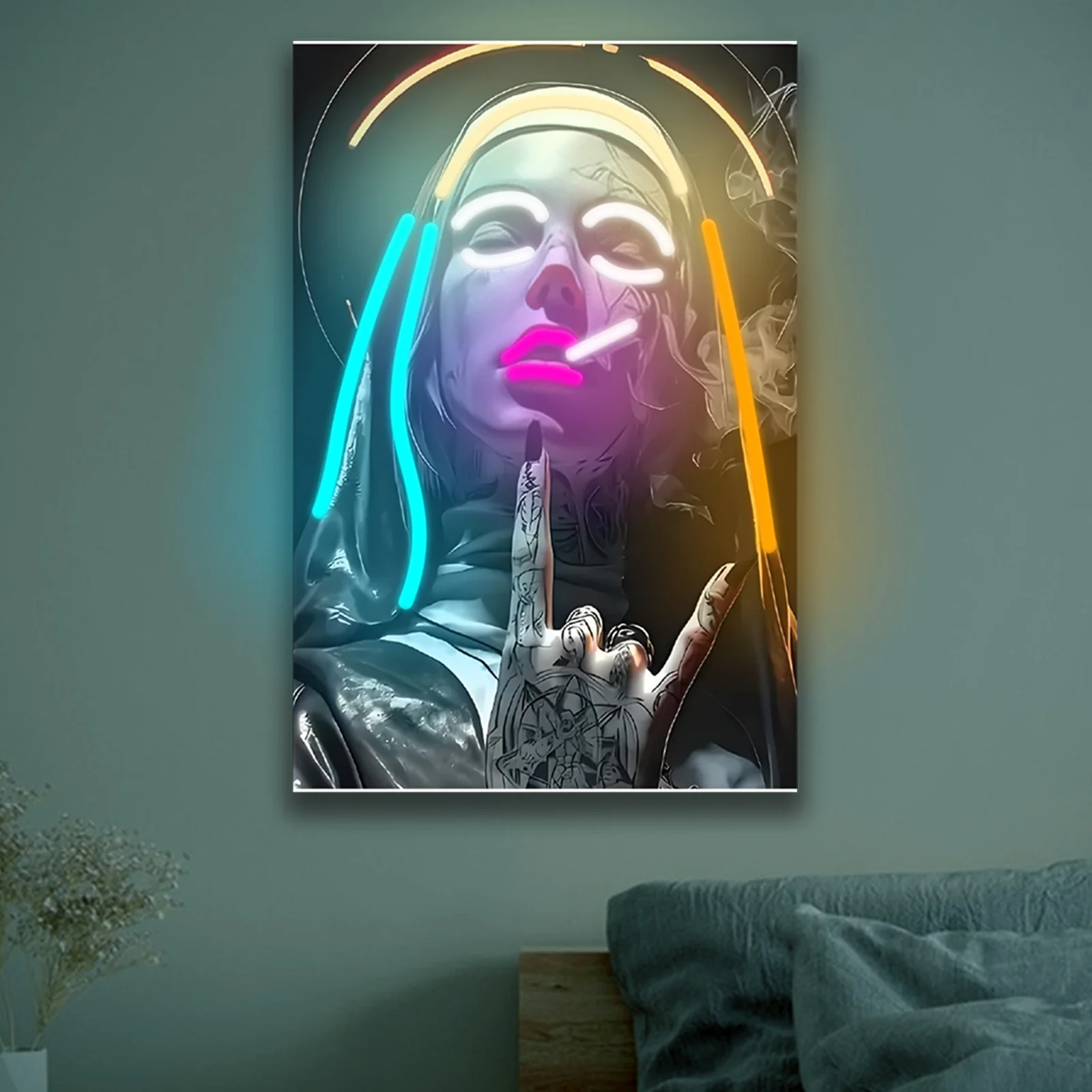 Cyber Nun Neon Canvas Wall Art Futuristic Glow Portrait LED Style Poster Decor Living Room Bedroom Game Room Alternative Gift