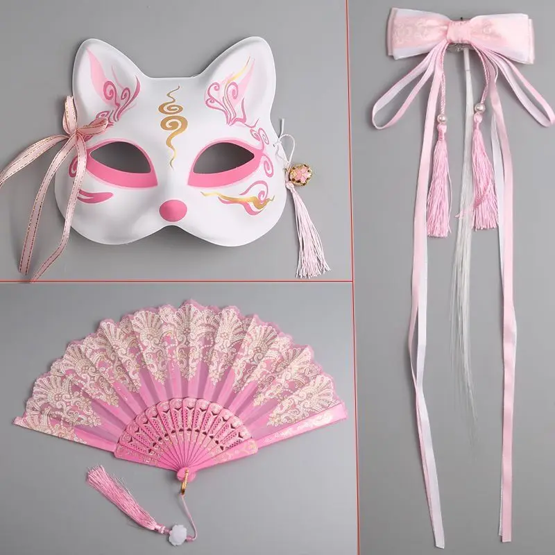 Luminous Bow Hair Clip Fox Mask Antique Style Folding Fan Hanfu Photo Props Package Cosplay Dress Up Dance Party