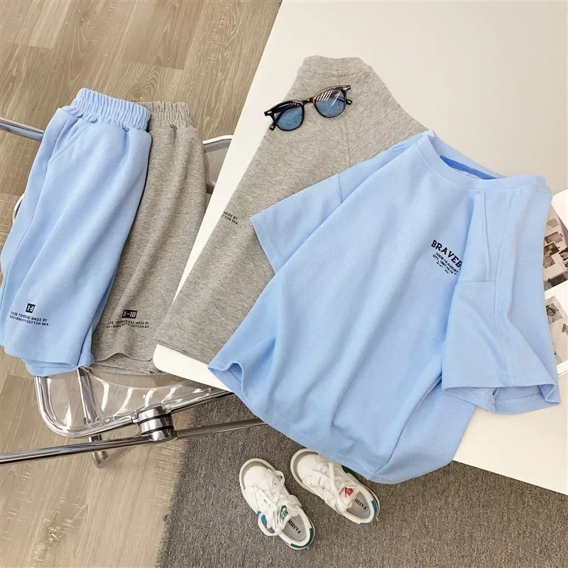 Teenager Boys and Girls Suit Summer Thin Sports Suit T-shirt Five-point Pants Casual Korean Two-piece Outer Wear Children\'s Sets