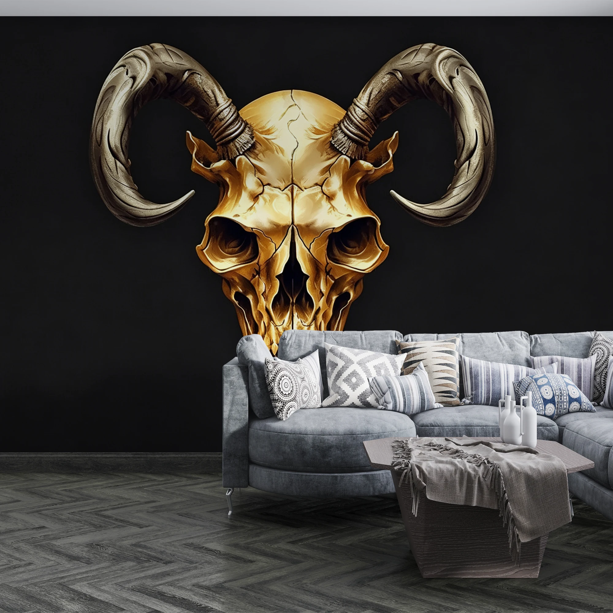 Golden Ram Skull Wallpaper, Dark Gothic Style Wall Mural, Bedroom Bar Background Wall Decor
