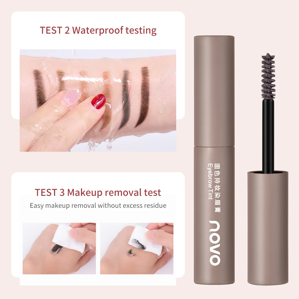 NOVO multi-color eyebrow dye with fine comb brush head for natural coloring, creating three-dimensional wild eyebrows